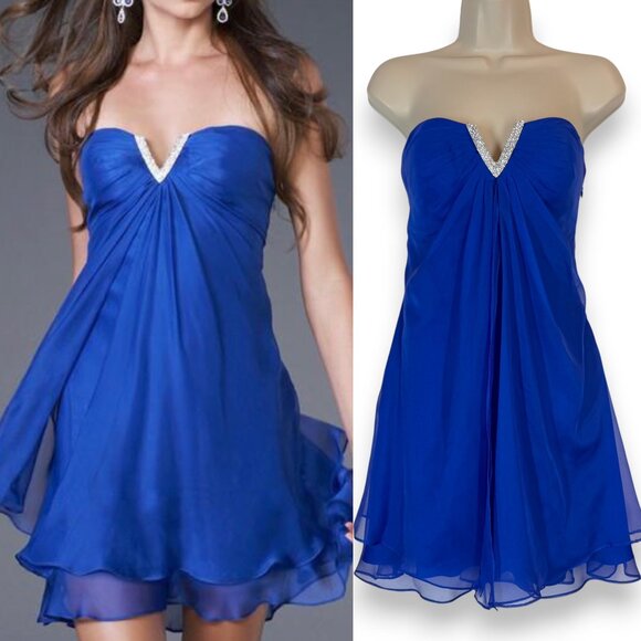 La Femme Chiffon Mini Dress Blue Babydoll Y2K Vintage Rhinestone Strapless 4 - Picture 1 of 12